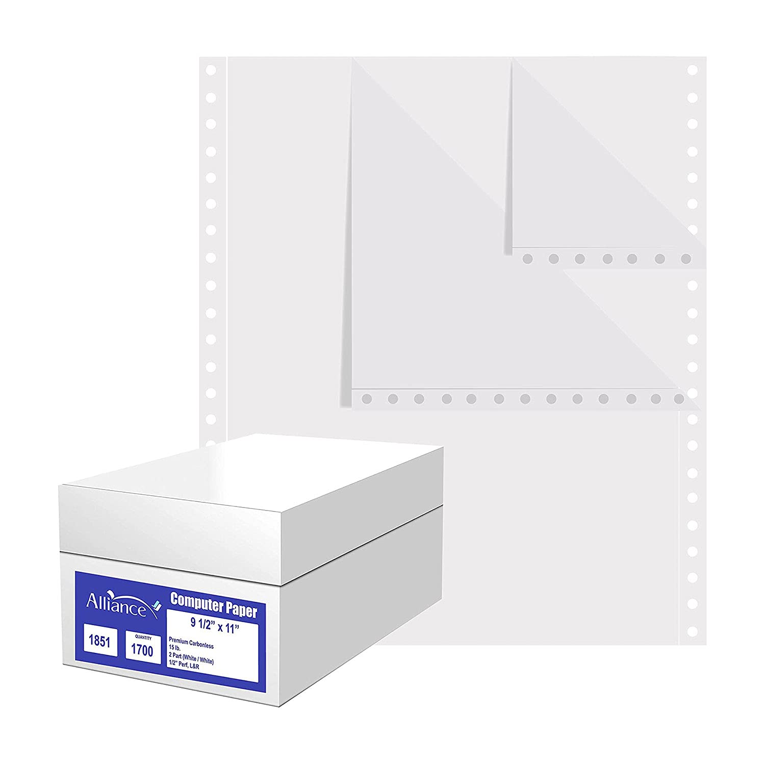 Alliance Premium Carbonless Computer Paper, 9.5 x 11, Blank Left and Right Perforated, 15 lb, 2-Part White / White (1,700 Sheets) - Made In The USA