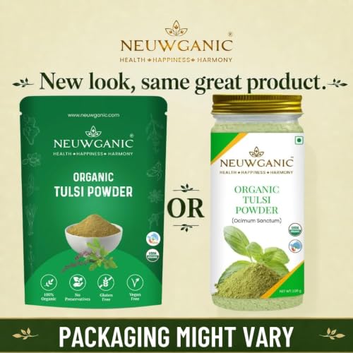 Image of Organic Tulsi Powder - Holy Basil Powder - India Organic and Usda Certified - Ideal for Making Kadha, Tea & Chutney - 200 Gm Pack of 3