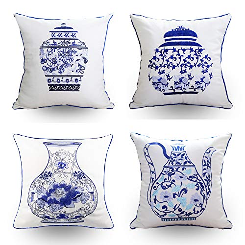 Hodeco - Juego de 4 fundas de almohada con diseño de jarrón chino azul bordado para sofá o almohada, 45 x 45 cm, color azul