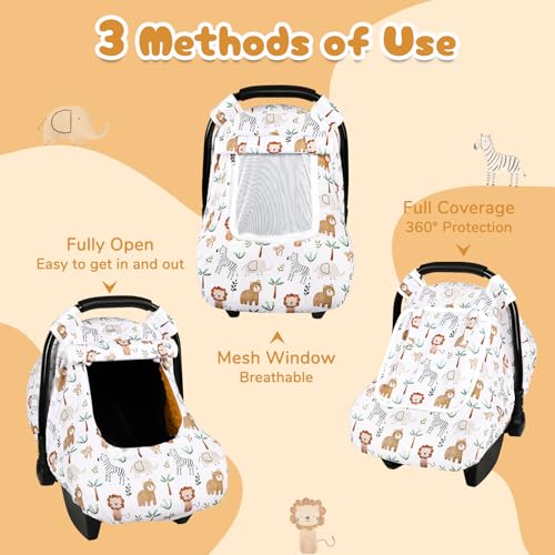 Image of Baby Car Seat Cover, Windproof Carseat Cover for Infant Girls, Infant Warm Carseat Canopy with Double Layer Fabric for Winter, Compatible with Most Baby Car Seat, Animals