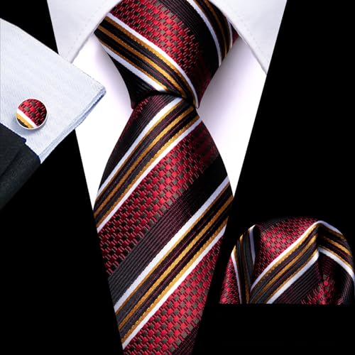 Image of Barry.Wang Mens Tie Set Plaid Check Neckties Formal Business Wedding Luxury Pocket Square Cufflinks