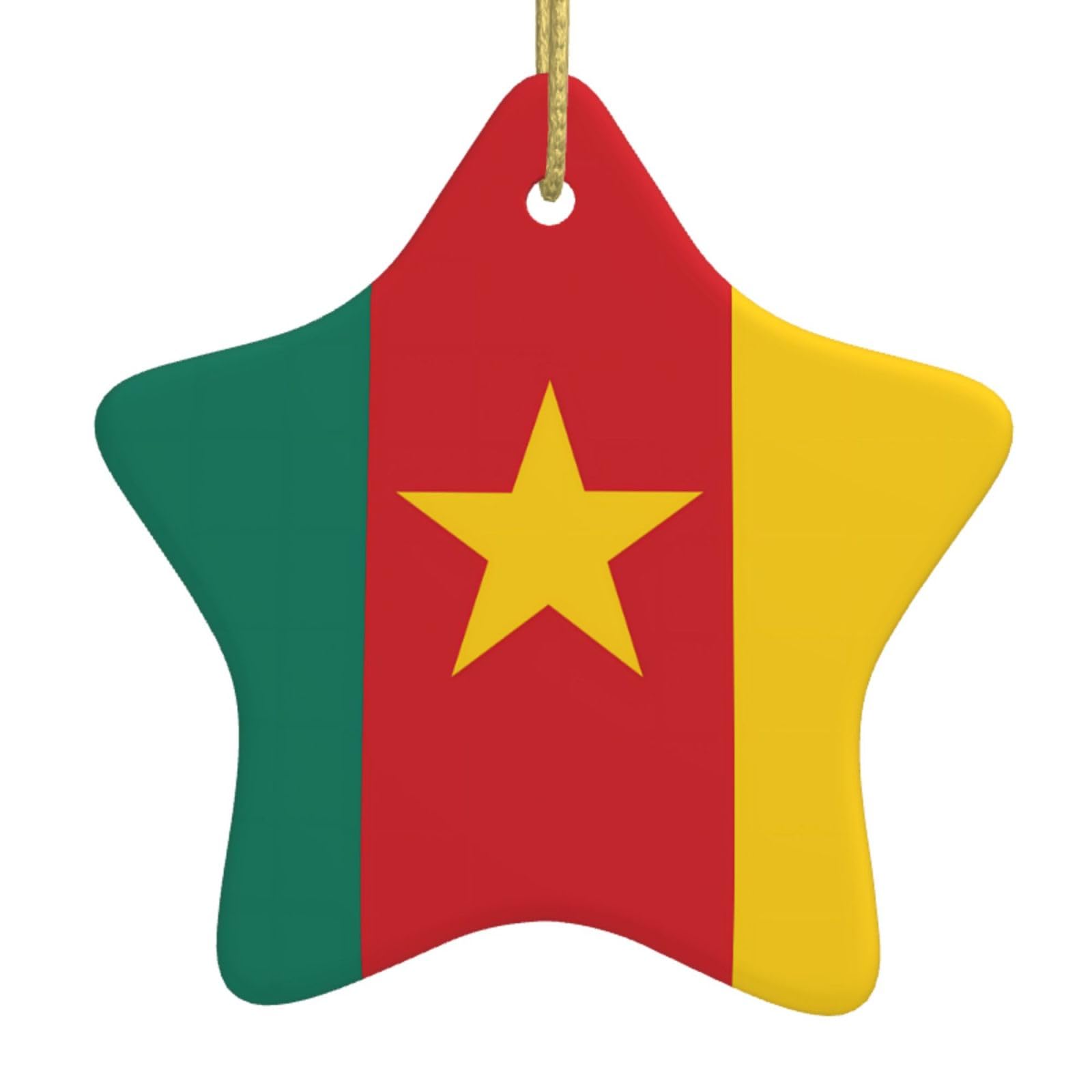 Flag of Cameroon Christmas Ceramic Star Pendant with Punched Holes and Gold Wire Rope, Christmas Tree Home Decoration
