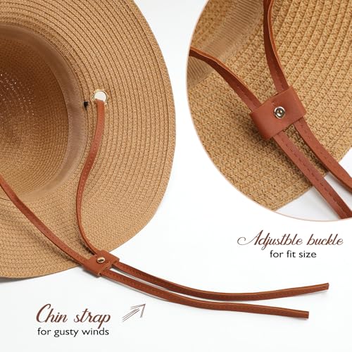 Image of Womens Beach Sun Straw Hat, Wide Brim Sun Hat Travel Foldable Summer Wind Lanyard UPF 50+