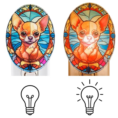Image of Dog Night Light Chihuahua, Stained Glass Styled Plug-in Wall Nightlight, Bulb Included, Pet Memorial Dog Lover Gift, Bedroom Hallway Bathroom Decor, Manual On /Off Switch