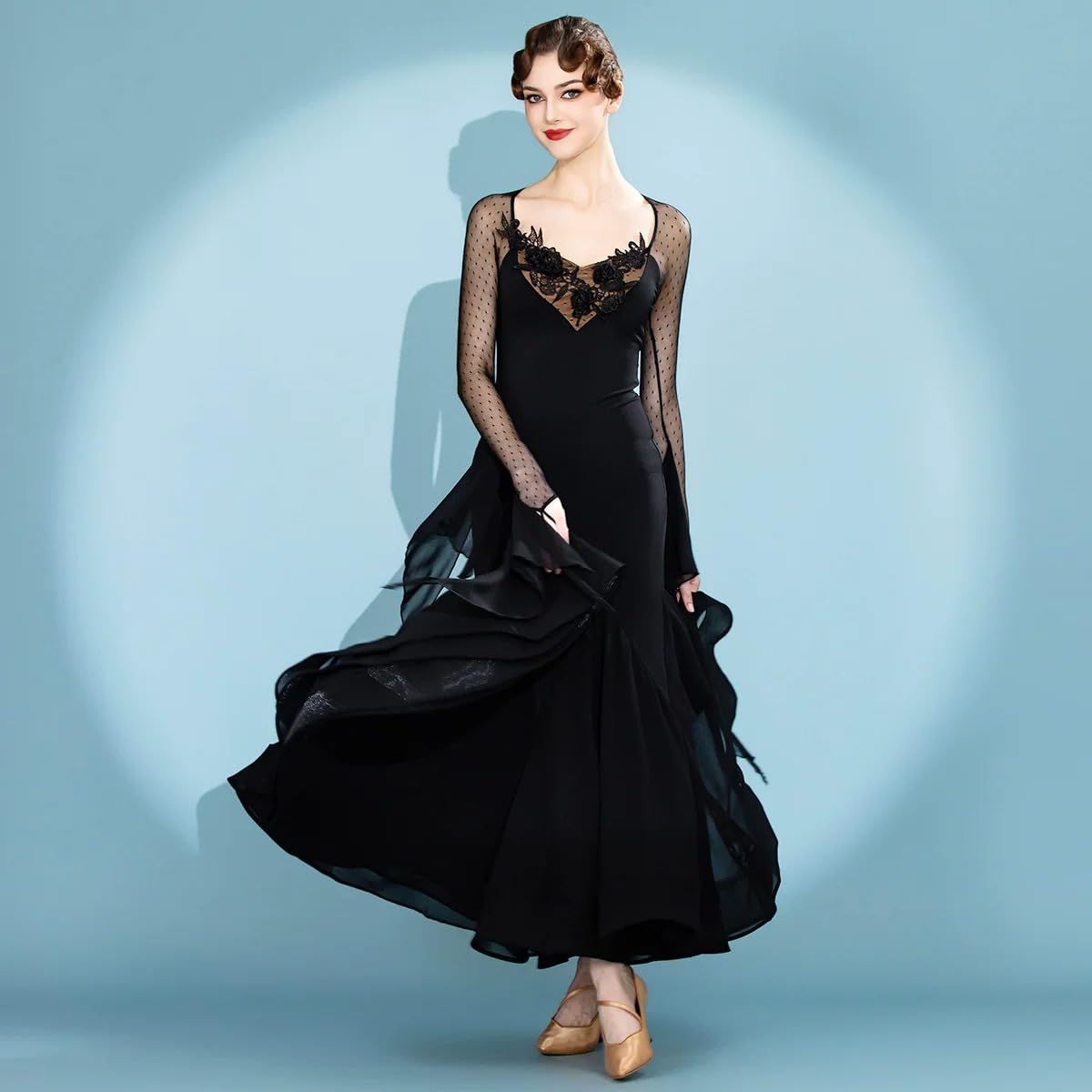 Abiti da Ballo da Sala per Donna con Pizzo Applicato, Scollo a V, Maniche Lunghe, Rete a Pois, Abito Liscio per Valzer, Tango, Ballo Moderno e Gare