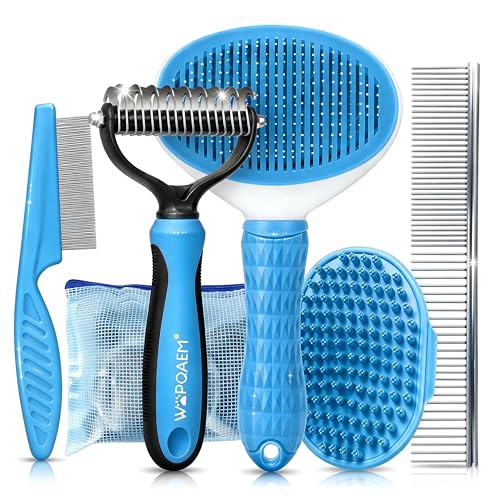 Image of 5-in-1 Dog Grooming Kit with Self Cleaning Brush & Rake, Blue | Best Push-Button Self-Cleaning Puppy Grooming Set with Undercoat Deshedding Rake & Steel Combs for All Long Short pet hair
