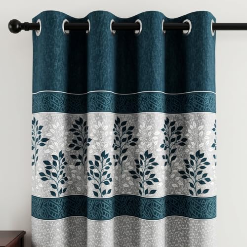 Image of Home Sizzler 2 Pieces Dual Tone Botanical Print Polyester Semi- Transparent Eyelet Door Curtains- 7 Feet, Sea Blue