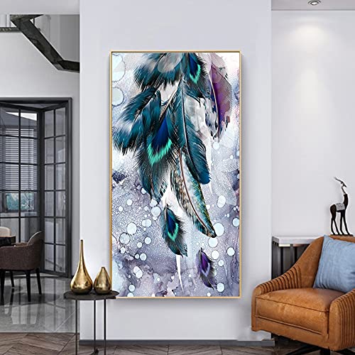 Broderie diamond painting complet plume fleur pour decoration murale salon grand format 70x160