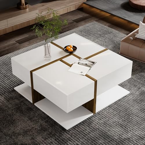 OKMYHOME Table Basse Carrée - avec LED et Boîte de Rangement Amovible, Design Moderne et Haute Brillance - MDF - Noir et Blanc - 72x72x30 cm