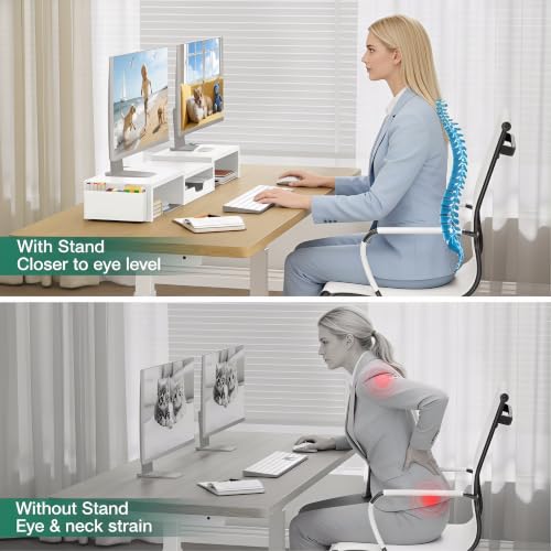 Image of OPNICE Desk Organizer and Accessories, Computer Monitor Stand Riser with Drawer and 2 Pen Holders, Laptop Stand, Office Desk Accessories for Office Supplies, White