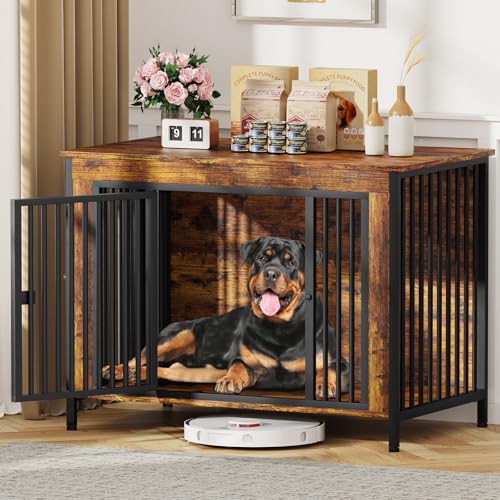 EasyCom Dog Crate Furniture for 1 or 2 Dogs, Heavy Duty Single/Double Dog Crates for Small/Medium/Large Dogs, Dog Kennel Furniture Indoor as TV Stand, Extra Large Size 47.24 L(65-92 Pounds), Brown