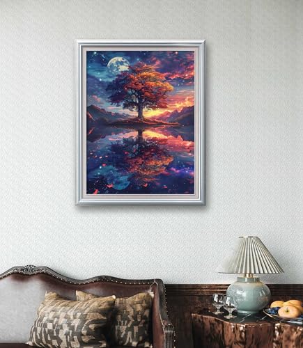 Image of Leczany Cross Stitch Stamped Kits for Adults Beginners Patterns Craft Kit Needlepoint Full Range of DIY Embroidery Kits Starter 11CT 3 Strands | Lake Light Tree 15.8x20.9 inches