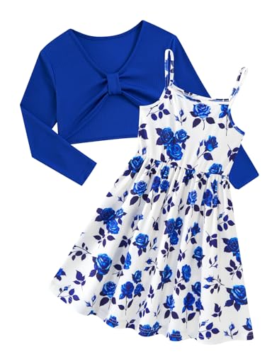 Girl's 2 Piece Outfit Printed Cami Dress with Long Sleeve Bow Crop Cardigan Set for 5-12 Years