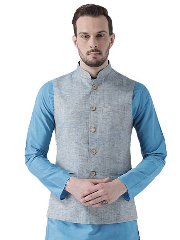 Mens Nehru Jacket, Cotton Blend Woven Design Blue Waistcoat for Men-image-21
