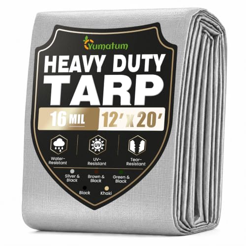 12x20FT Waterproof Tarp Yumatum 16 Mil Heavy Duty Tarps with Reinforced Edges/Brass Grommets 100% UV Blocking/Tear Resistant Poly Tarp for Camping Patio Tent Boat(Silver/Black)