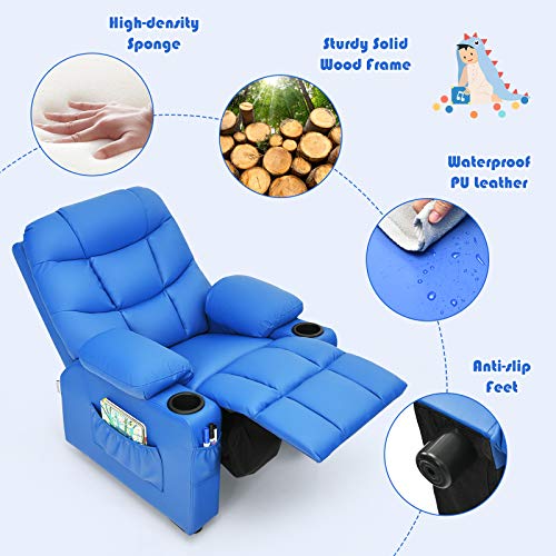 Image of Kids Recliner, PU Leather Kids Recliner Chair w / 2 Cup Holders