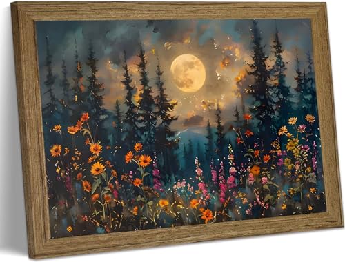 Full Moon Nature Forest Canvas Wall Art Vintage Dark Moon Landscape Painting Wall Decor Woodland Picture Artwork for Farmhouse Bedroom Living Room 8x10 inch Wood Framed