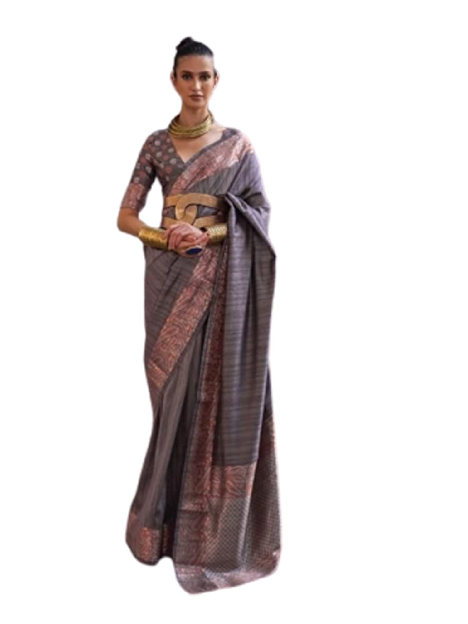 Blusa sari de seda tejida con textura rica en cobre Zari 7345 para mujer india (gris)