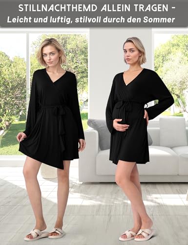 SUNNYBUY Stillpyjama Set Damen 3-teilig Umstands- und Still-Schlafanzug mit Top, Hose und Morgenmantel ideal für Schwangerschaft, Wochenbett und Klinik, Schwarz XL
