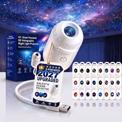 Night Light Projector Plug and Play 2-in-1 Galaxy Star and Ocean Projector with 24 Films USB Powered Ceiling Light for Bedroom Decor (24 Projection Films)