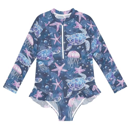 Sea Turtle Starfish Girls One Piece Rash Guard Swimsuit, Girls Long Sleeve Swimwear for 3-12Y