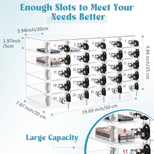 Image of Layhit Clear 25 Slots Cell Phone Locker Box for Classroom Clear Acrylic Cell Phone Storage Cabinet Bin with Door Locks for Classroom School Students Office Factory Employees