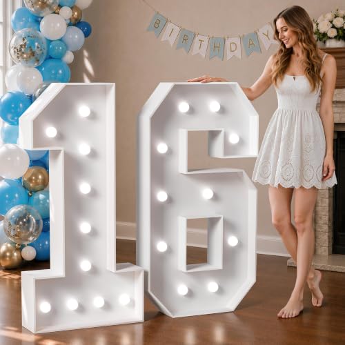 Image of Marquee Numbers 4 Feet Tall Big Light Up Numbers Sweet 16 16th Happy Birthday Decorations Girl Boy White Anniversary Party Decor Large Cardboard Prop Backdrop Sign 16