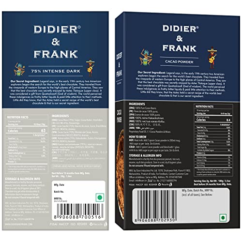 Image of Didier & Frank Intense 75% Dark Chocolate, 40g, Cacao Powder, Unsweetened, Special Dark, 80g (Use for Cake, Baking, Hot Chocolate, Milkshake)