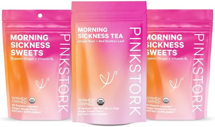 Pink Stork Morning Sickness Bundle with Organic Ginger Peach Tea and Sweets, Supports Morning Sickness for Pregnant Women, Digestion, and Motion Sickness, 1st Trimester Pregnancy Must Haves, Set of 3