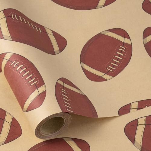RUSPEPA Football Wrapping Paper Roll for Men Boys Kids Mini Roll Maroon Sports Rugby Ball Design Kraft Gift Wrap Paper for Birthday Game Day Sports Party 17 Inches x 16.4 Feet