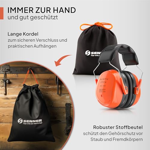 Senner ® WorkPro Ultra | Gehörschutz für Arbeit und Freizeit – Größenverstellbare Ohrenschützer - Hochwertige Lärmschutz Kopfhörer mit SNR von 34 dB - Kapselgehörschutz Schwarz/Orange - Unisex