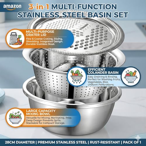 Image of 3IN1 Stainless Steel Basin Set with Colander Grater Lid 3-Piece Multi-Function Mixing Bowl for Washing, Stainless Steel Basin Set 26 CM (Pack of 1)