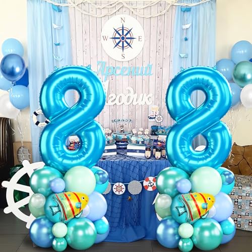 Image of 40 Inch Blue Number 8 Balloon Ocean Under the Sea Number Eight Foil Balloons Tower with Shark Bubble Fish for Boys 8th Birthday Party Decor Blue Green Underwater Digital Aluminum Balloons Stack