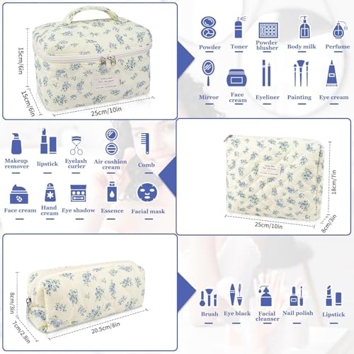 Image of Lyrovo Makeup Organizer Cosmetic Bag Quilted Large Floral Make Up Organize Set for Women Flower Travel Toiletry Bag (Green-White)