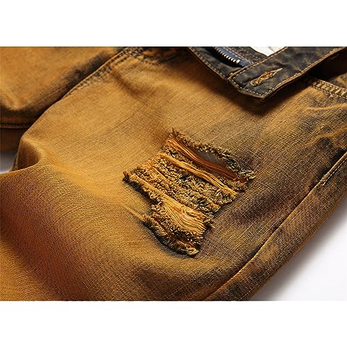 New and Style Digital Print Vintage Ripped Straight Tube Color Contrast Slim Stretch Denim Pants Boy Slip (02-Bronze, M)4