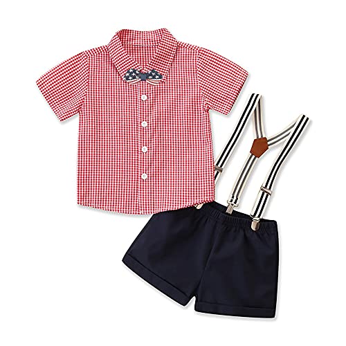 Costumes pour bébés garçons Ensemble de costume formel pour garçons Chemise à carreaux à manches courtes + Noeud papillon + Pantalon court avec bretelles Tenues de d'été pour enfants (Rouge, 100) Cover