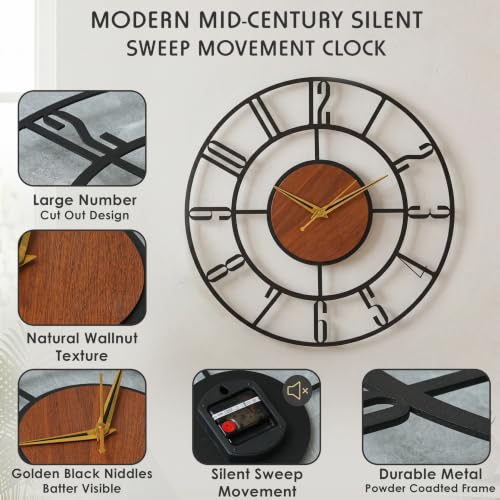 Image of Antique Metal Sweep and Silent Wall Clock for Home| Big Size Modern Decorative Wall Watch for Home Decor(English Number,18 INCH),Black