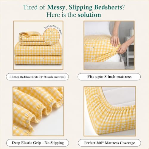 Image of RUMPS Yellow Gingham Floral All Around Elastic (72x78 inches), Farmhouse Style Bedding with 2 Matching Pillow Covers (18x28 inches), Soft Cotton Micro Fabric