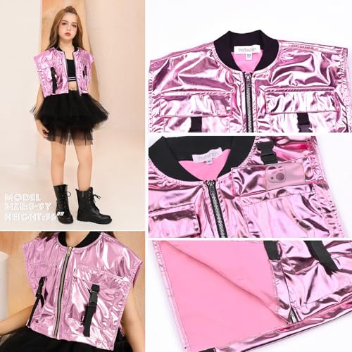 Image of Perfashion Girls Vest Cropped Cargo Metallic Jacket Buckle Zip Up With Pockets Streetwear Outfit 4-13Y