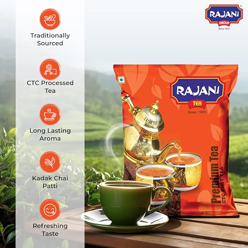Image of RAJANI Premium Dust Tea Powder (500gm), Organic Kadak Chai Patti From The Fields Of Assam With Strong & Refreshing Aroma, Long Traditional Chai, No Flavors Added, CTC Process Black Tea