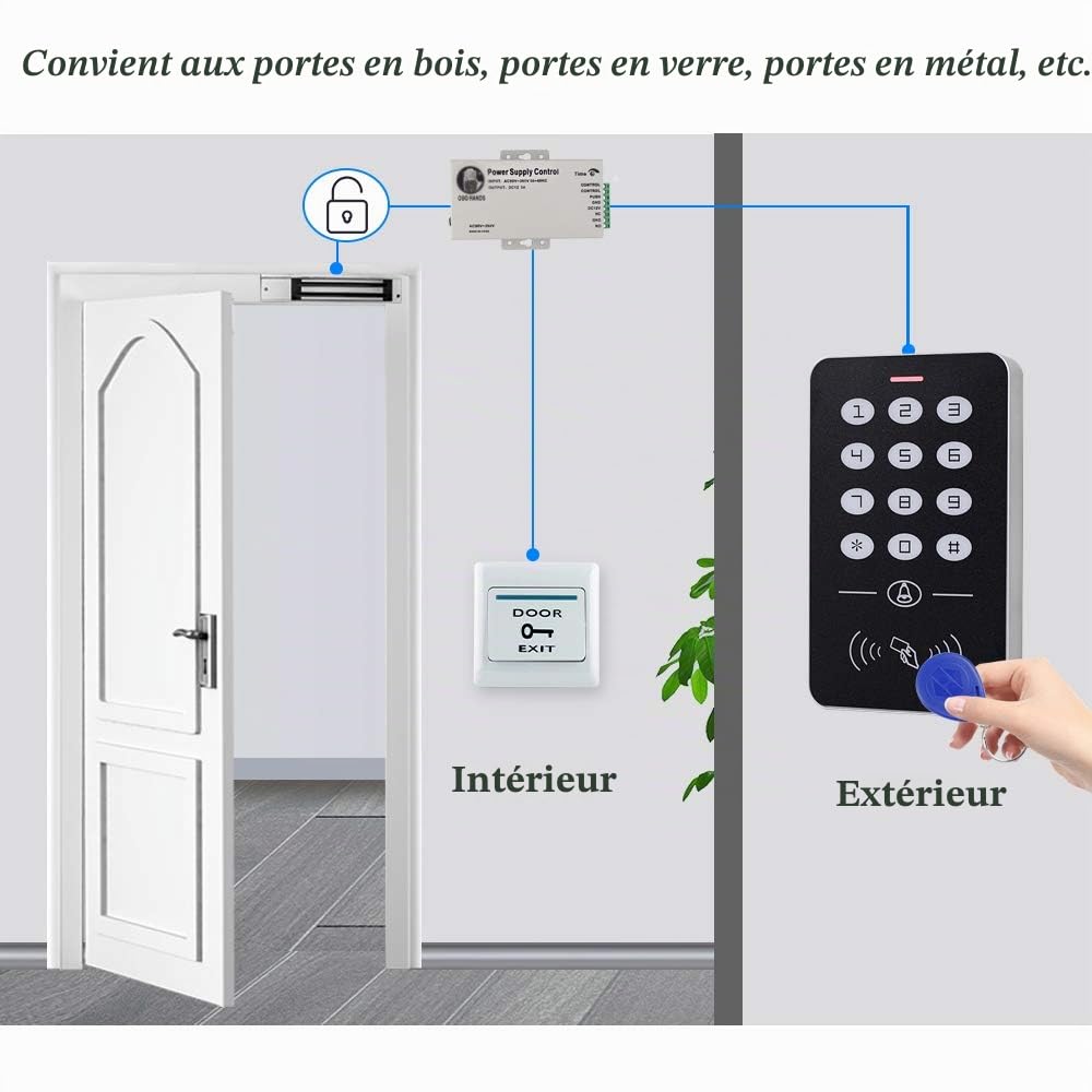 HERNAS Kit de système de contrôle d'accès RFID 125KHz avec Serrure magnétique électrique 180KG et Alimentation Professionnelle, pour Serrure de Porte sûre à la Maison