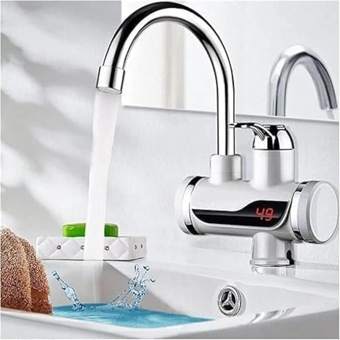 Instant Electric Water Heater Faucet Stainless Steel Digital Display Tap | 3 Second Fast Heating Kitchen Sink Hot Water Dispenser | Deck Mounted Wall Tap with Safety Protection (White)