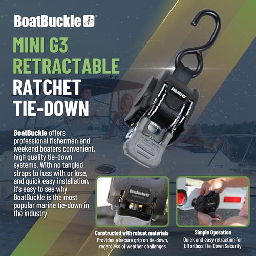 BoatBuckle Mini G3 Retractable Ratchet Straps - (1 x 72-Inch, 1400lbs Break Strength, 2-Pack) Bolt-On Boat Transom Tie Down Straps to Trailer, Fresh Water | Mounts with Included Hardware to Most Boat Trailers, Self-Retracting Web Helps Limit Loose Strap Tangles, for Freshwater Use - Image 2