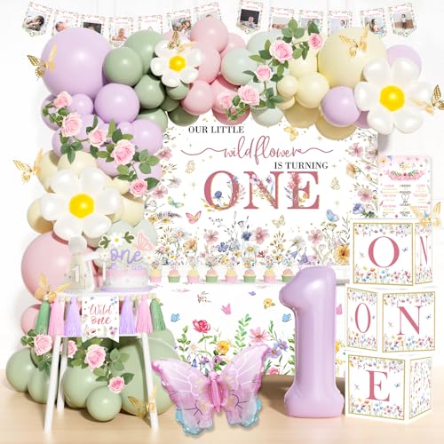 Hombae Wildflower 1st Birthday Decorations 151 PCs Our Little Wildflower is Turning One Birthday Party Supplies with Balloon Boxes Banners Floral Backdrop Tablecloth Cake Cupcake Topper