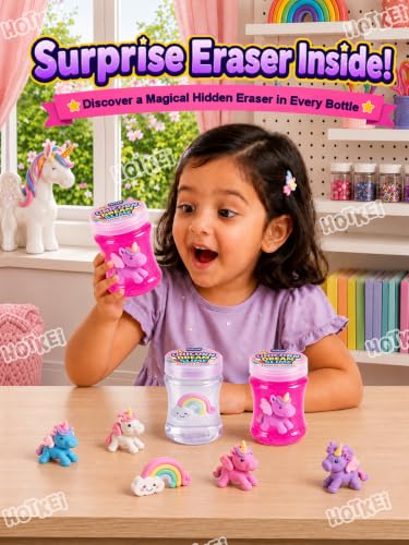 Image of HOTKEI Unicorn Dream Slime for Kids 3 to 10 Years Stretchable Slime with Surprise Cute Unicorn Eraser Inside Soft Non-Sticky DIY Slimy Fun Toy Birthday & Return Gift for Kids Girls & Boys Pack of 4