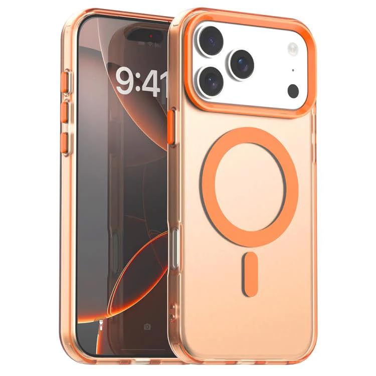 Image of VONZEE Translucent Matte Back Cover for iPhone 17 Pro Max Case, Shockproof Anti-Fingerprint Phone Cover with Magnetic Wireless Charging, MagSafe Compatible Case for Men & Women (Orange)