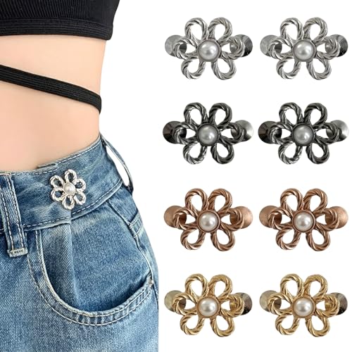 GWEOR Lot de 4 Paires de Boucles de Taille pour Jean, Bouton Amovible Fleur pour Resserrer Pantalon, Clip de Taille Réglable sans Couture, Tendeur de Pantalon pour Jeans et Jupes (Multicolore)