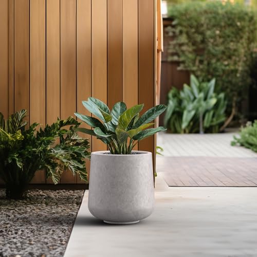 Image of Kante Accent Round Curved CON Gray Concrete Planter 13 inch Dia, Outdoor | Rubber Plug for Indoor, Drainage for Garden, All-Weather Cement Flower Pot, Handcrafted, Anti-Frost & UV, Modern Home Decor
