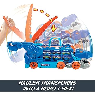 Hot Wheels City Toy Car Track Set, Ultimate T-Rex Transporter, Hauler Transforms into Stomping Dino with Race Track, from Netflix Series Lets Race