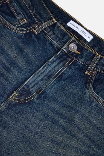 Image of SNITCH Men Flared Fit Jeans | Mid Rise Stone-Washed Denim with Raw Frayed Hem & 5-Pocket Design | 100% Cotton Woven Fabric for Casual & Everyday Wear